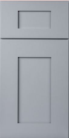 Gray shaker-style cabinet door with a rectangular recessed panel and top rectangle inset.