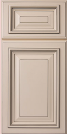 Beige cabinet door with recessed panel, layered rectangular design.