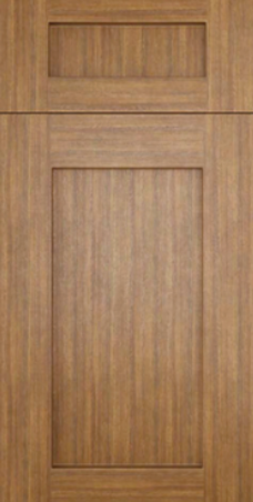Wooden cabinet door with a framed panel and top rectangular detail.