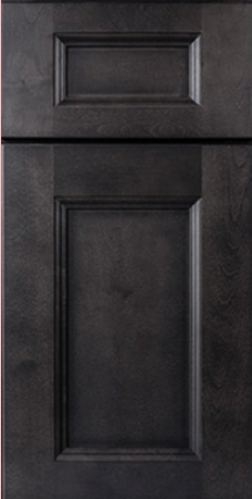 Dark gray kitchen cabinet door with raised paneling.