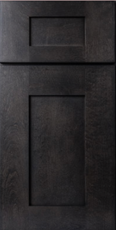 Dark stained wood cabinet door with recessed panel and upper drawer.