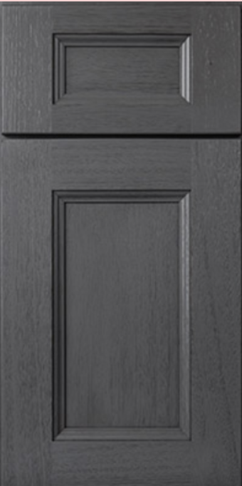 Gray cabinet door with raised panel and square top detail.