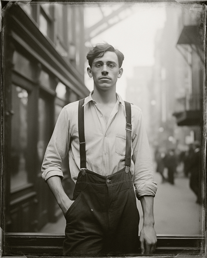 A black and white photo of a man wearing moscot glasses