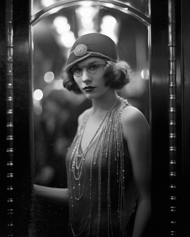 A black and white photo of a woman wearing mosocot glasses