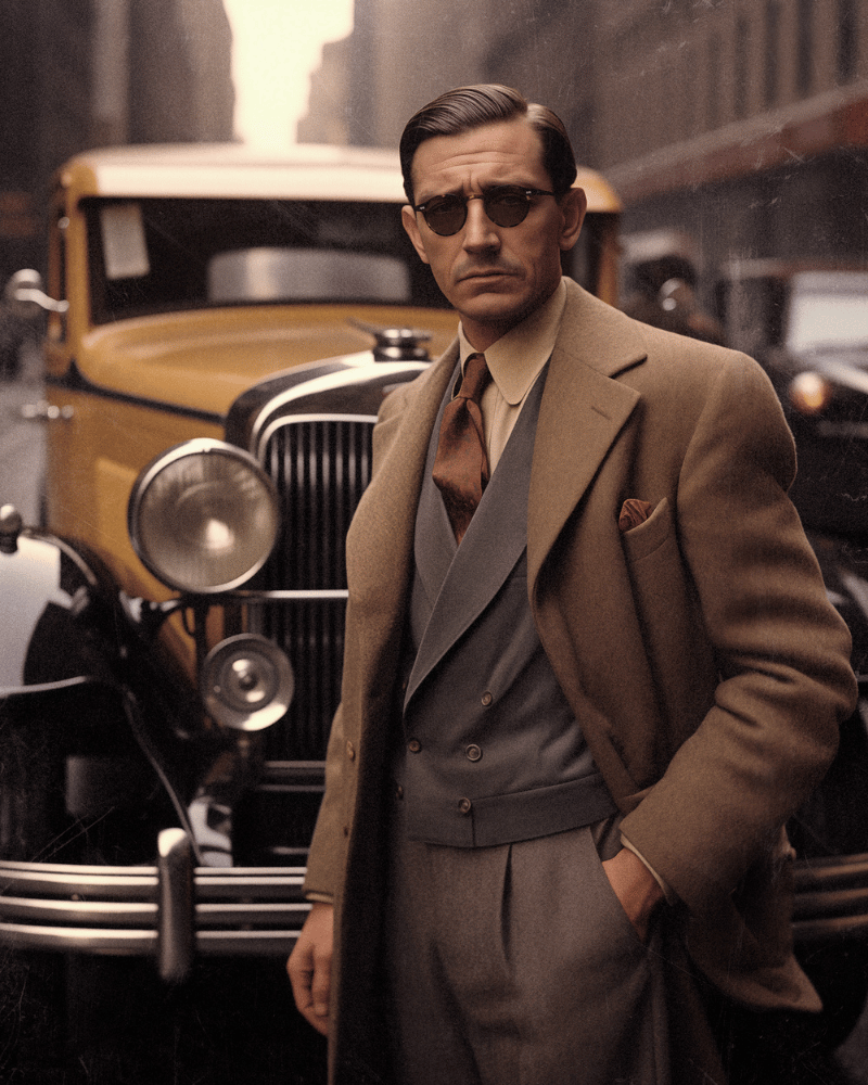 A man in a suit and tie is standing in front of an old car wearing moscot sunglasses