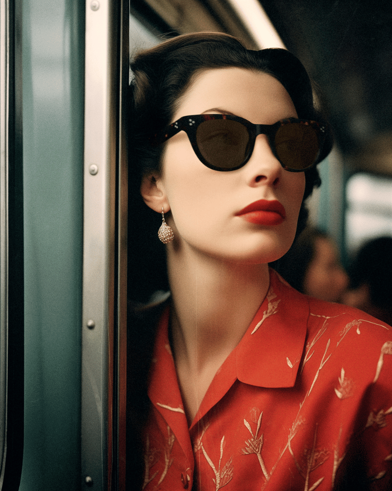 A woman wearing sunglasses and a red shirt is sitting on a train
