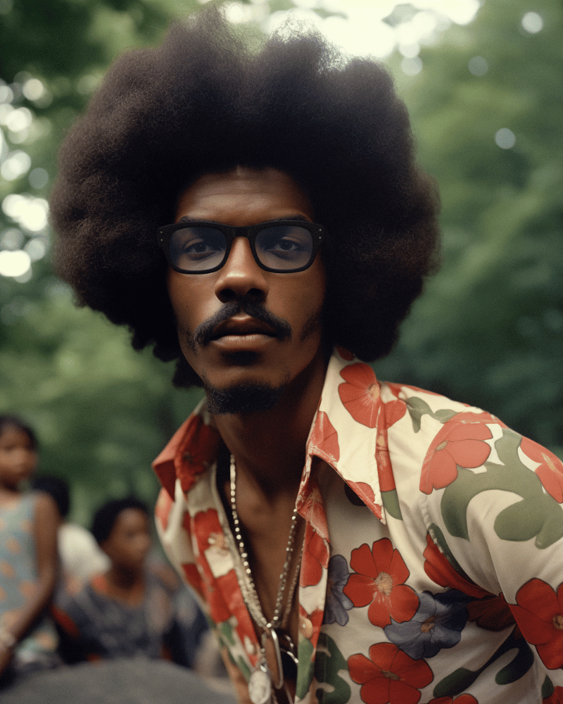 A man with an afro wearing glasses and a floral shirt