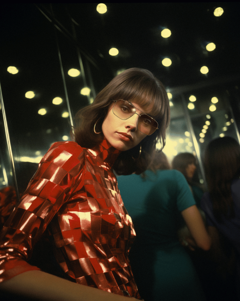 A woman wearing glasses and a red top is standing in an elevator