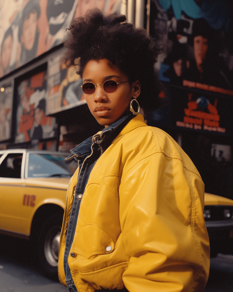 A woman wearing sunglasses and a yellow jacket stands in front of a taxi