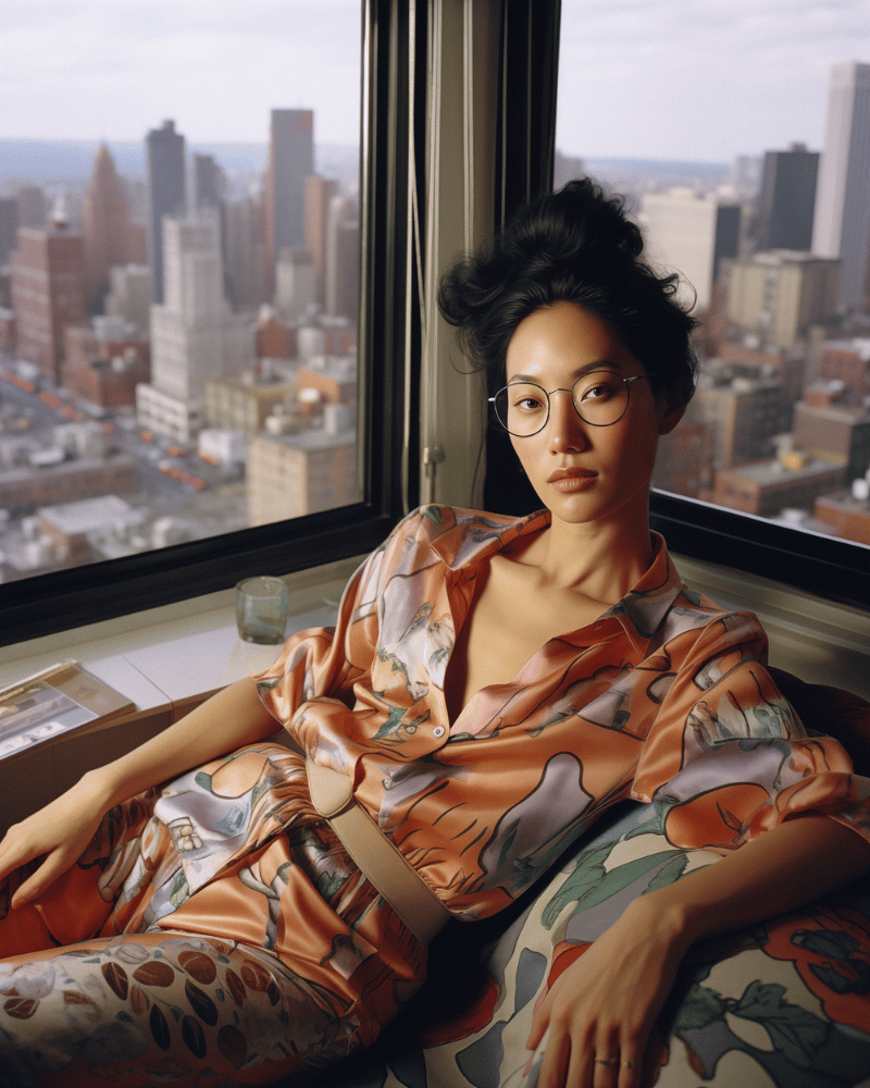 A woman wearing glasses is sitting in front of a window overlooking a city