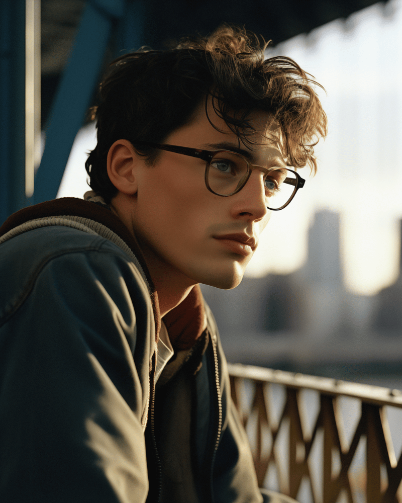A young man wearing moscot glasses and a blue jacket