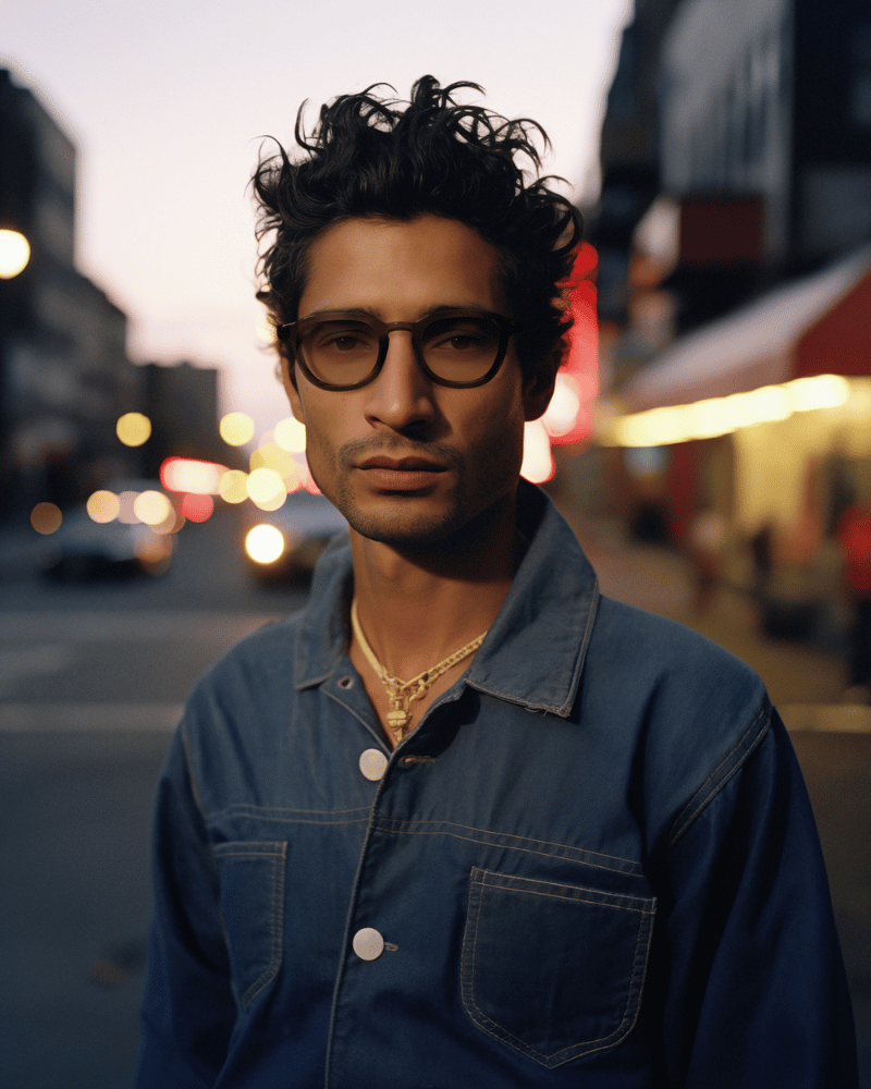 A man wearing glasses and a denim jacket is standing on a street