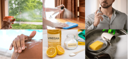 Collage of cleaning and hygiene actions. Includes spraying, wiping, applying lotion, using soap and cleaning products.