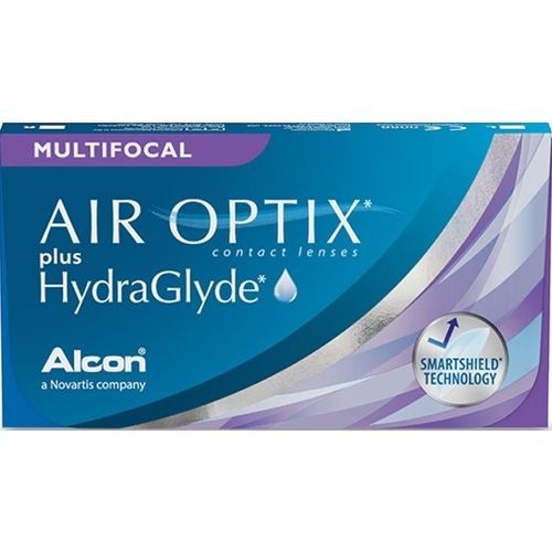 A box of alcon air optix plus hydraglyde contact lenses