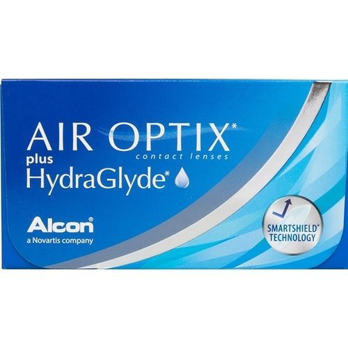 A box of alcon air optix plus hydraglyde contact lenses