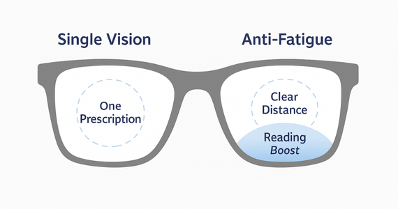 An image of a frame showing the different zones for distance and reading in the lenses.