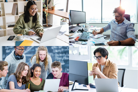 Different people looking at computers while wearing glasses.