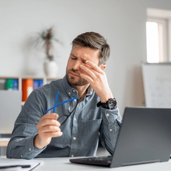Man with glasses in hand is touching his eyes like he is in pain.