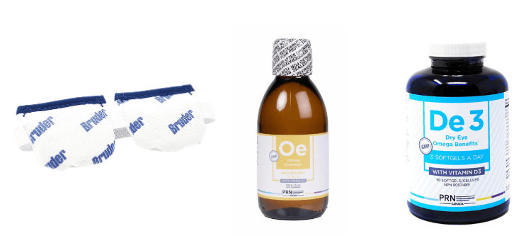 Three items: bruder mask, a brown bottle with omega 3, and omega 3 supplement bottle pills.