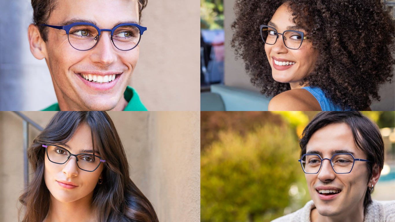 A collage of four people wearing titanium glasses and smiling.