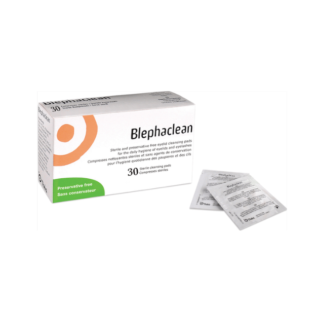A box of Blephaclean wipes on a white background