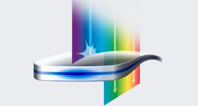 Spectra of light shining on a curved surface with a blue band, with the light bending downward.