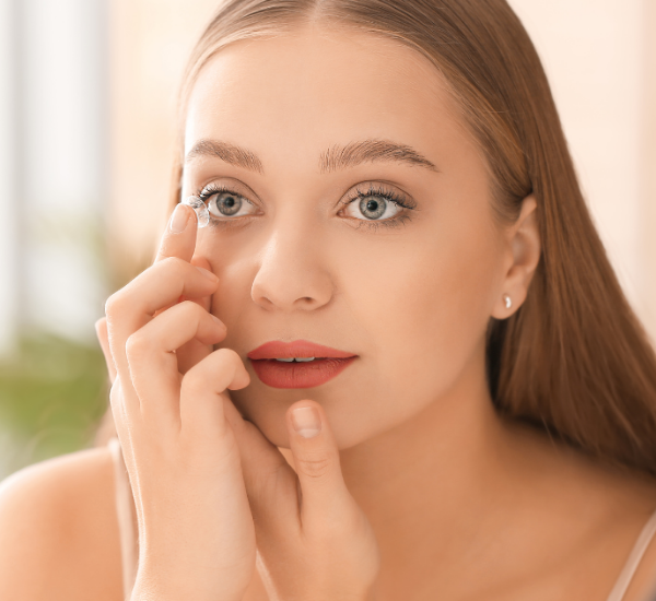 A woman is trying to wear a contact lens.