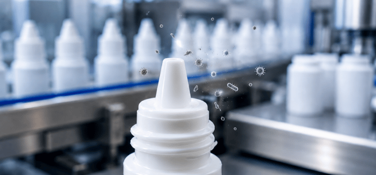 White plastic bottle caps on a factory conveyor line with blurred bottles in the background