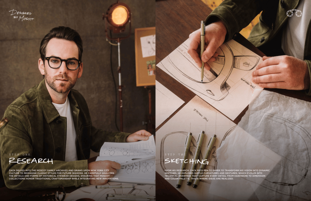 Zack Moscot wearing glasses is sitting at a table writing on a piece of paper.