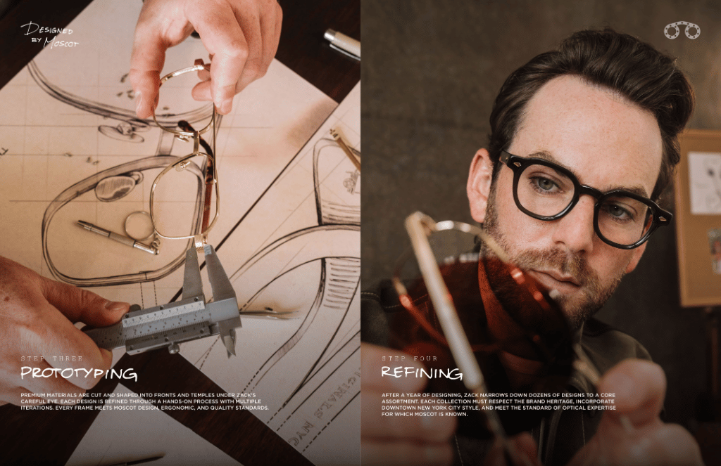 Zack Moscot is measuring a pair of glasses with a caliper.
