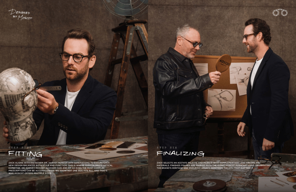 Zack Moscot and Dr Harvey Moscot are sitting at a table looking at glasses' designs.