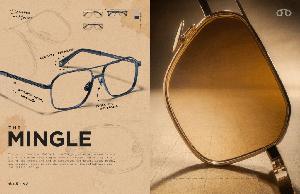 A pair of glasses with the word mingle on it