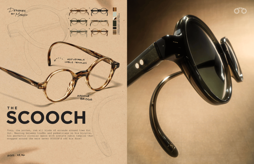 A pair of glasses with the word scooch on it
