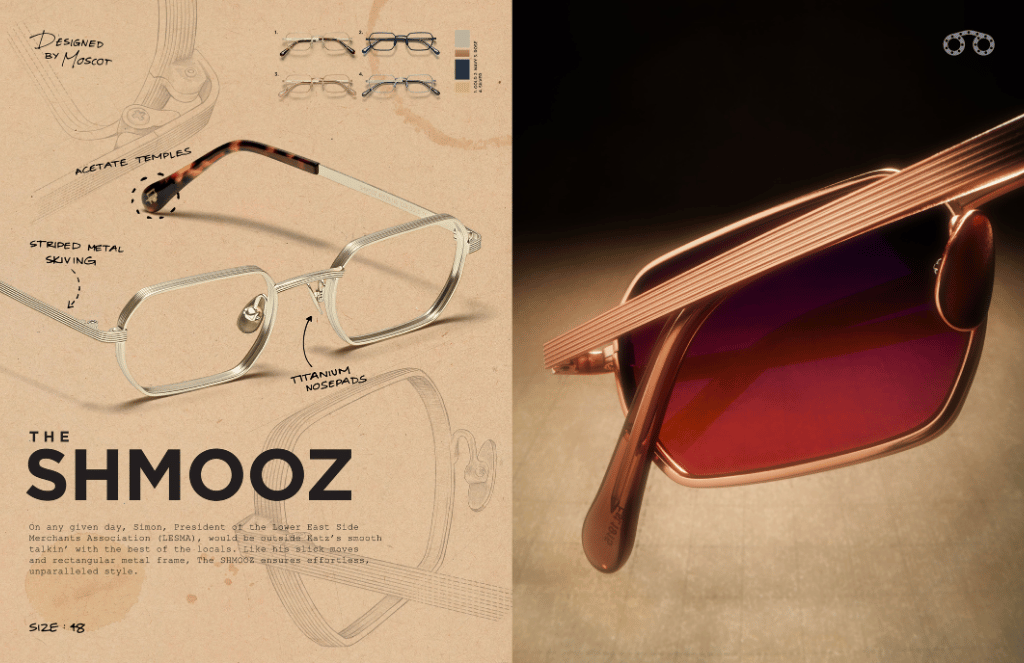 A picture of a pair of sunglasses next to a poster that says the shmooz