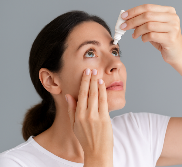 A woman is applying eye drops to her eyes.