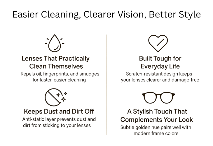 A picture of a pair of glasses that says easier cleaning , clearer vision , better style.
