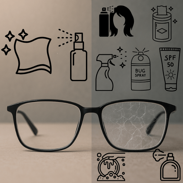 Black-framed glasses, one lens clean, one smudged. Icons show cleaning supplies, hairspray, bug spray, and sunscreen.
