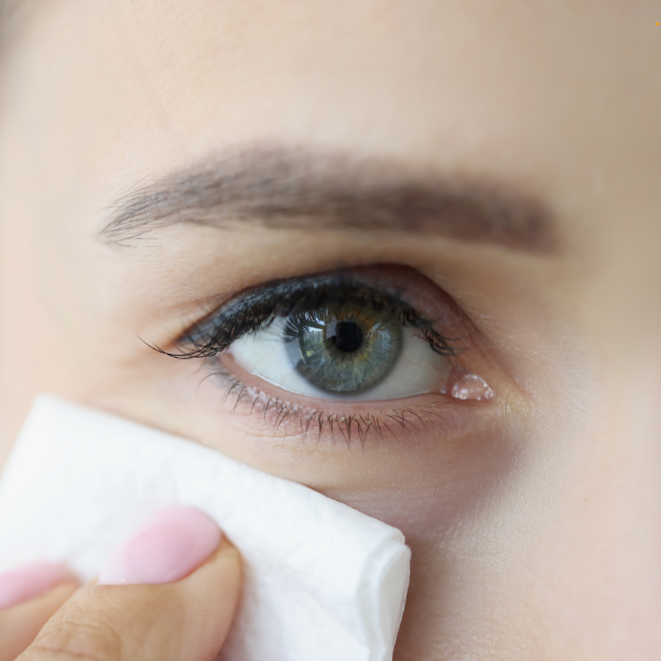 A woman is cleaning her eye with a tissue.