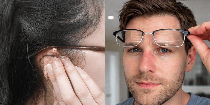 Person adjusting glasses on right, and another on left.