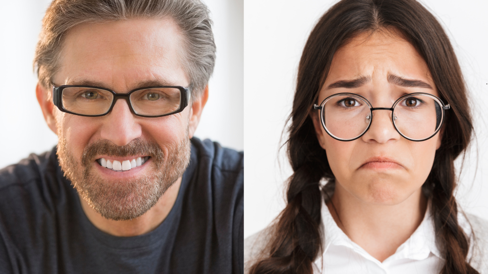 A man and a woman wearing glasses are smiling and making sad faces.