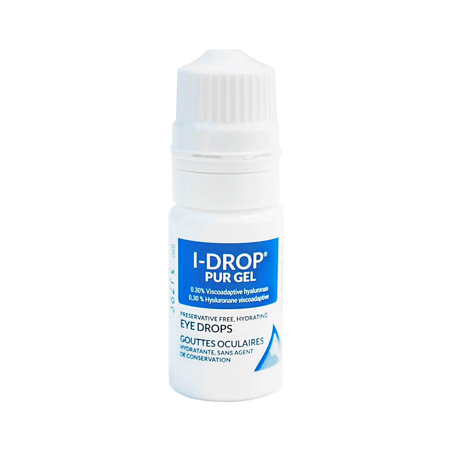 A bottle of I-Drop PUR GEL eye drops on a white background.