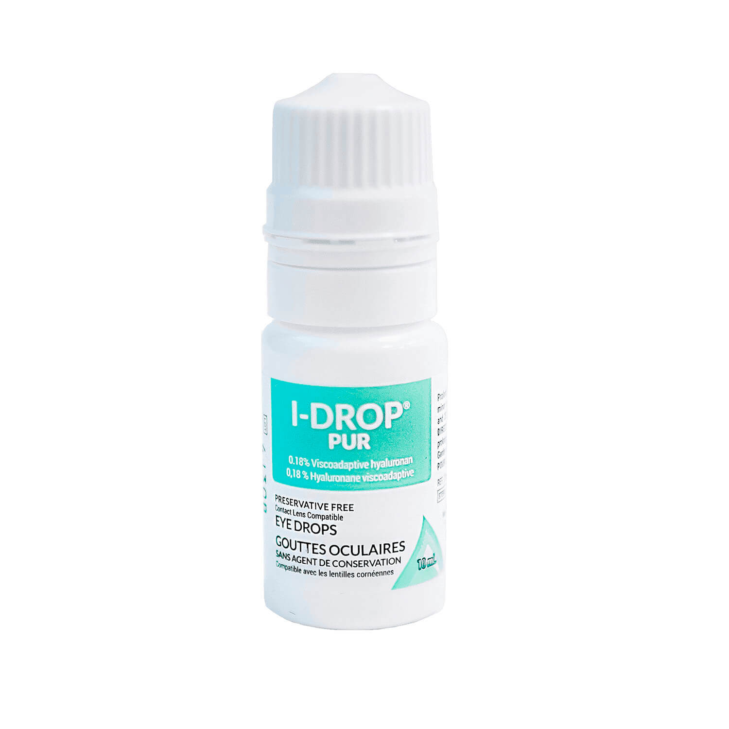 A bottle of I-Drop PUR eye drops on a white background.