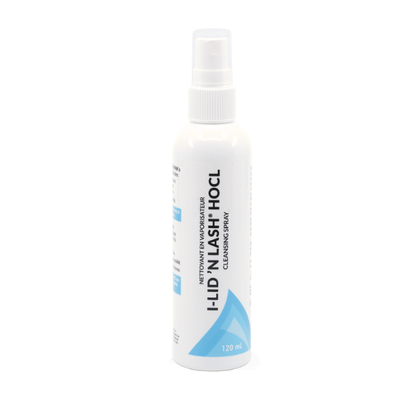 A spray bottle of I-LID 'N LASH HOCL CLEANSING SPRAY on a white background