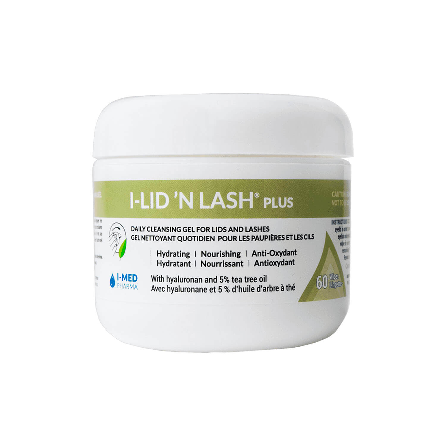 A jar of I-LID 'N LASH PLUS Wipes is sitting on a white surface.