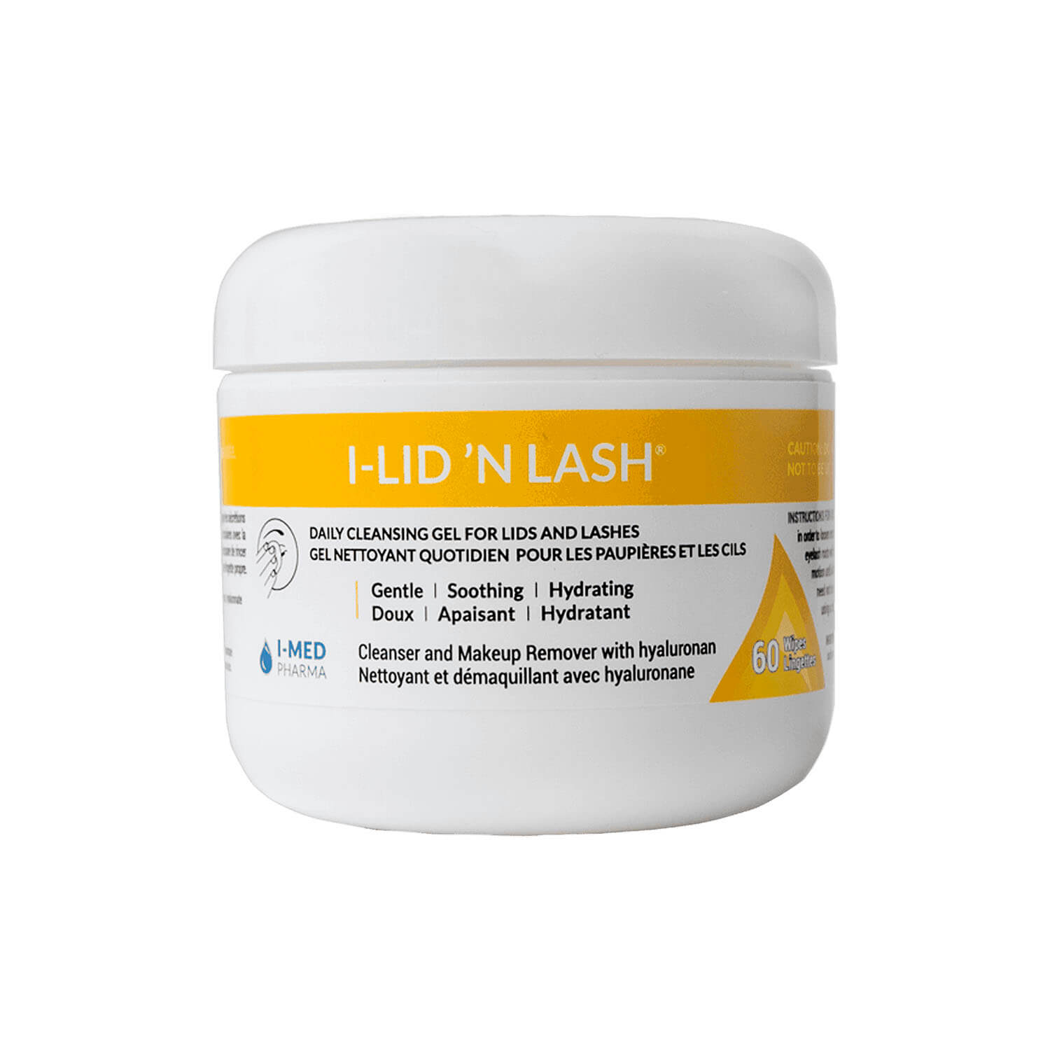 A white jar with a yellow label that says I-LID 'N LASH Wipes