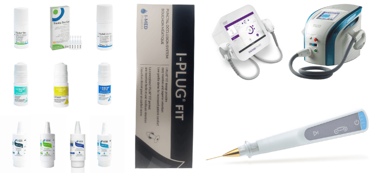 Medical supplies and devices: eye drops, I-PLUG FIT box, and medical equipment.