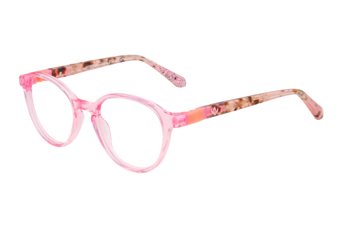 A pair of pink glasses on a white background.