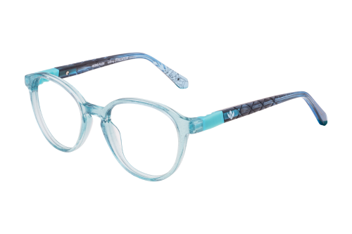 A pair of blue glasses on a white background.