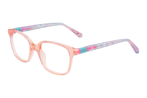 A pair of pink and blue glasses on a white background.