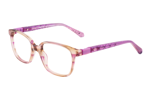 A pair of glasses with a purple frame and purple arms on a white background.